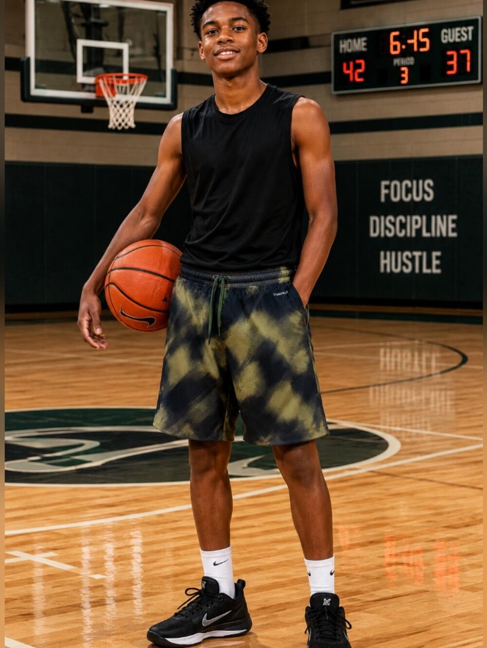ATHLETIC WORKS Boy's Tie-Dye Performance Basketball Shorts Olive, Black SIZE 18